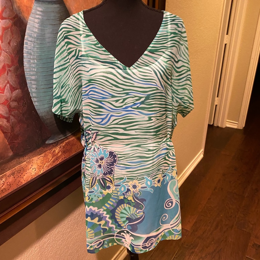 Resort beach cover up Bianca Nygard blue green tropical dress